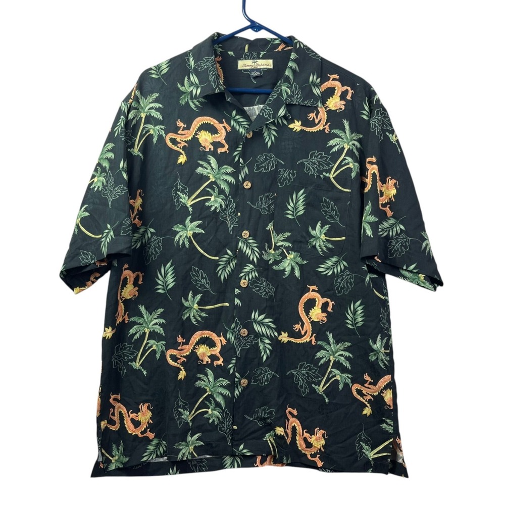 Tommy Bahama %100 Silk Asian Dragon Shirt Mens Medium Black Camp Aloha